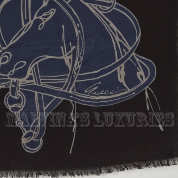 GUCCI UNISEX SCARF ICONIC SADDLERY EQUESTRIAN COTTON GG LOGO 39" x 78" - Picture 3 of 7